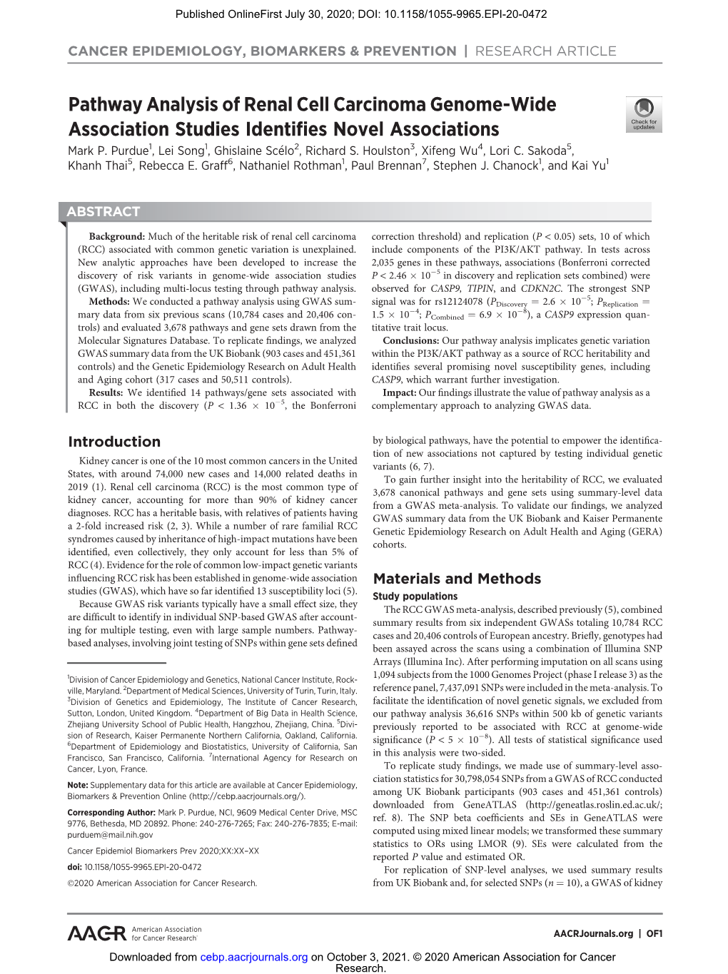 Pathway Analysis of Renal Cell Carcinoma Genome-Wide Association Studies Identiﬁes Novel Associations Mark P