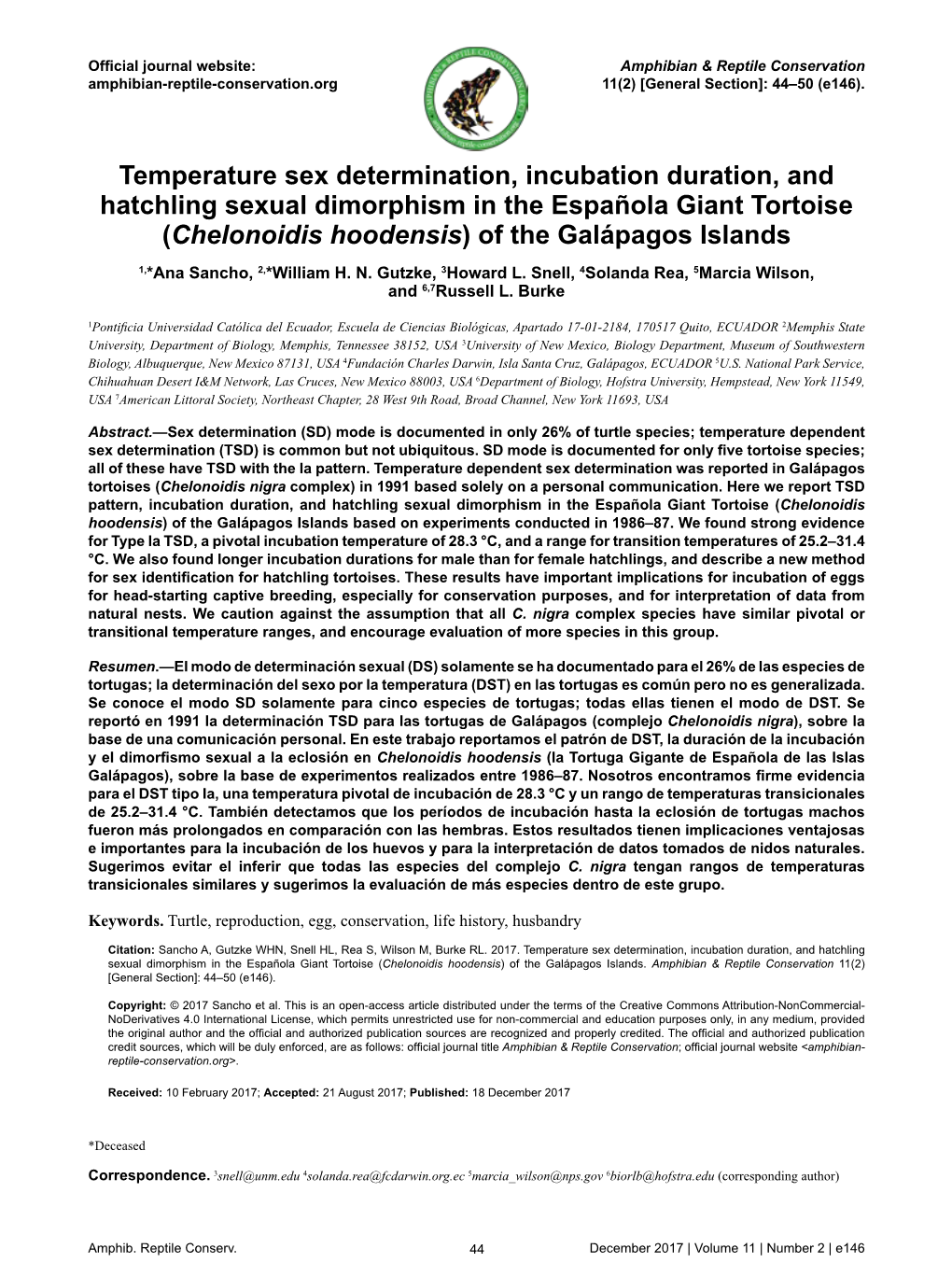 Temperature Sex Determination, Incubation Duration, and Hatchling Sexual Dimorphism in the Española Giant Tortoise (Chelonoidis