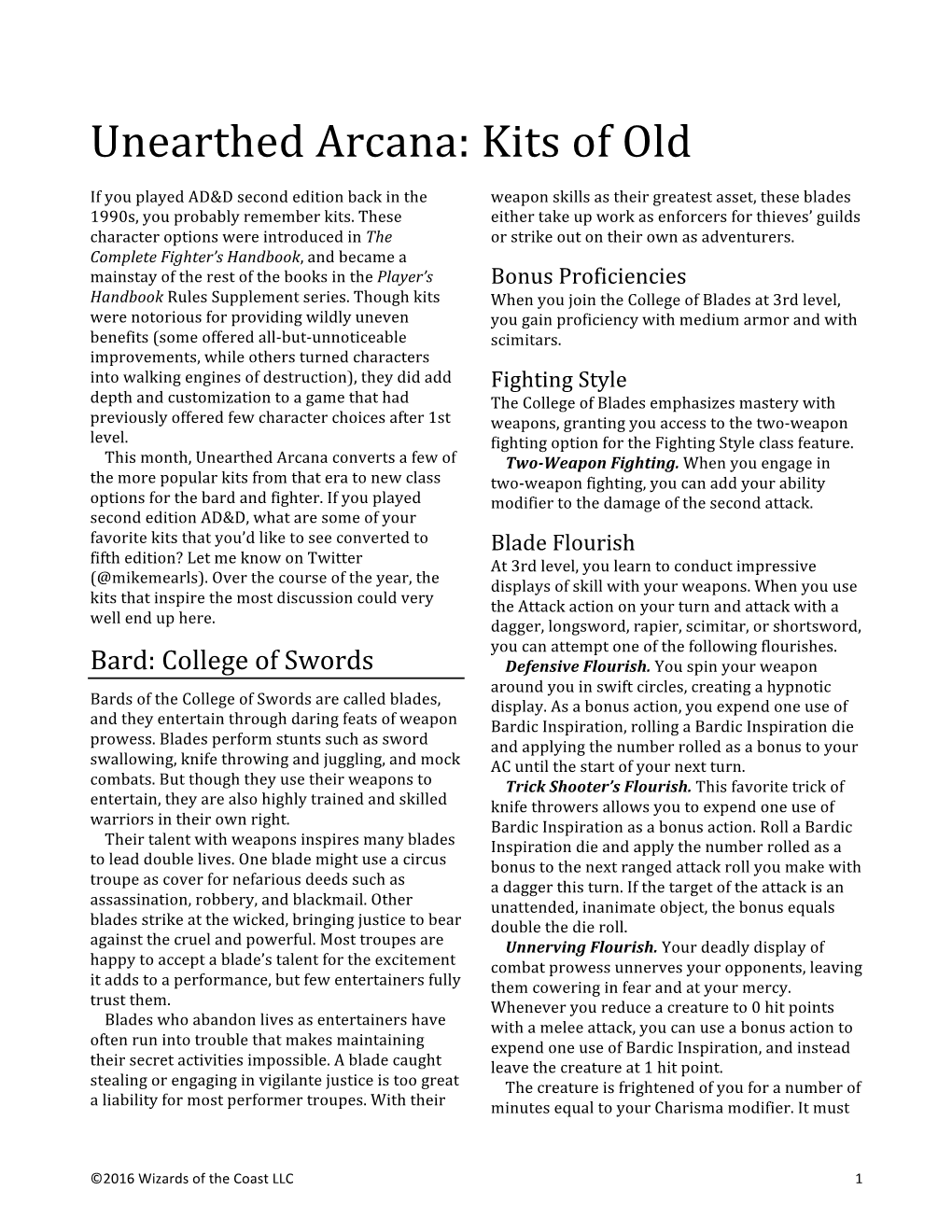 Unearthed Arcana: Kits of Old