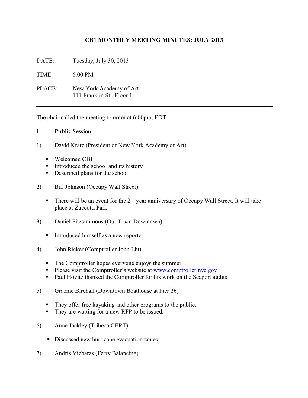 Cb1 Monthly Meeting Minutes: July 2013