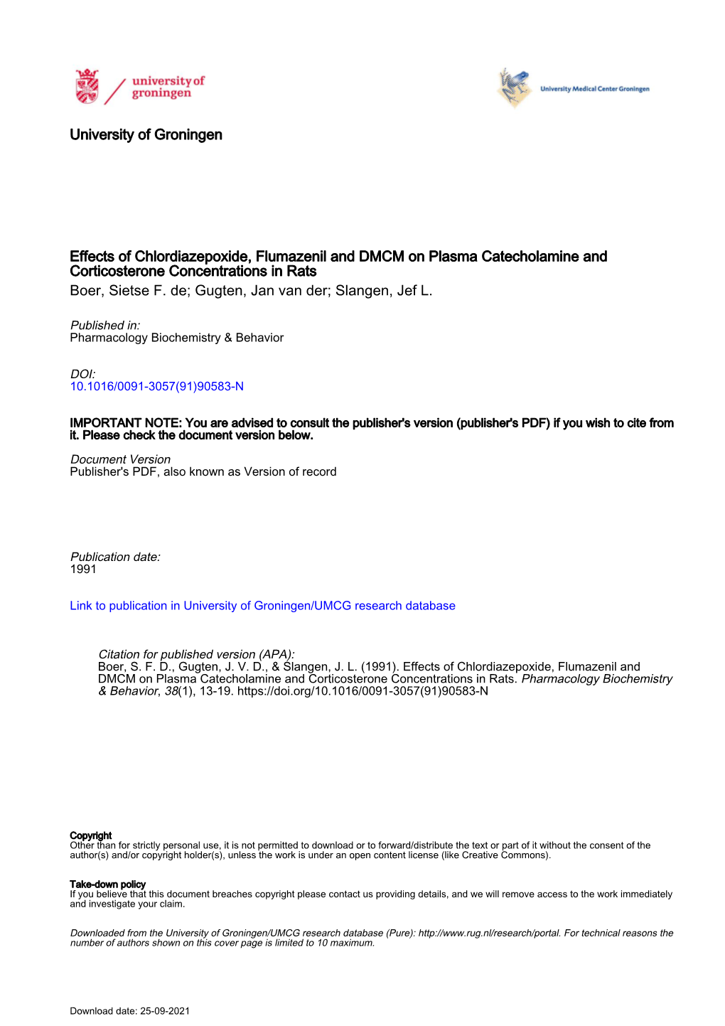 University of Groningen Effects of Chlordiazepoxide, Flumazenil And