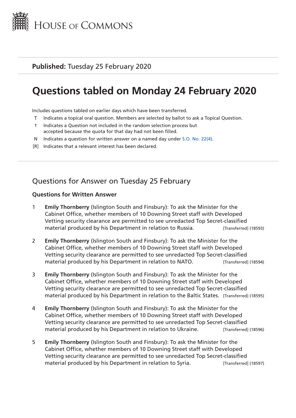 Questions Tabled on Mon 24 Feb 2020