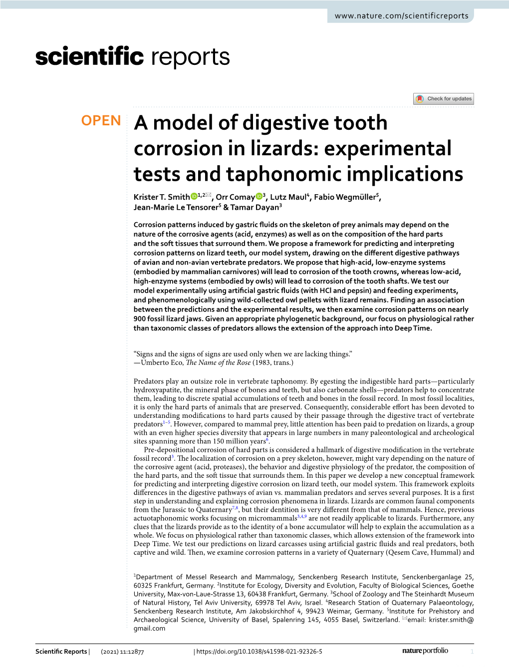 A Model of Digestive Tooth Corrosion in Lizards: Experimental Tests and Taphonomic Implications Krister T