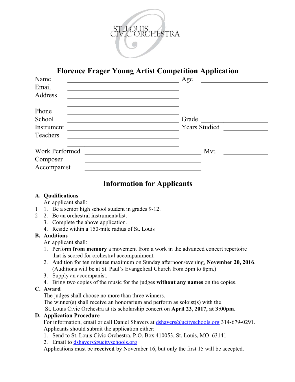 Florence Frager Scholarship Competition Application