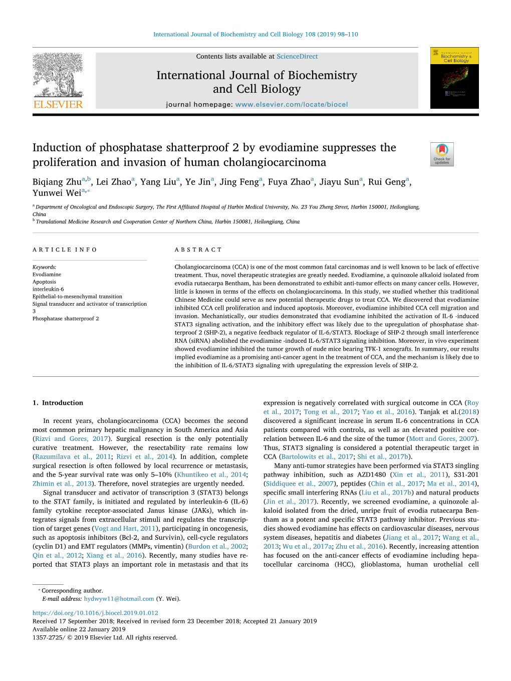 Induction of Phosphatase Shatterproof 2 by Evodiamine Suppresses the Proliferation and Invasion of Human Cholangiocarcinoma T