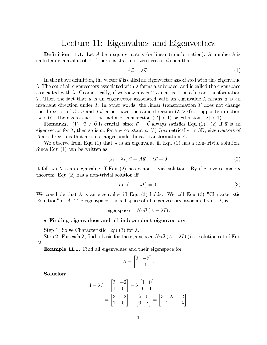 Lecture 11: Eigenvalues and Eigenvectors De…Nition 11.1