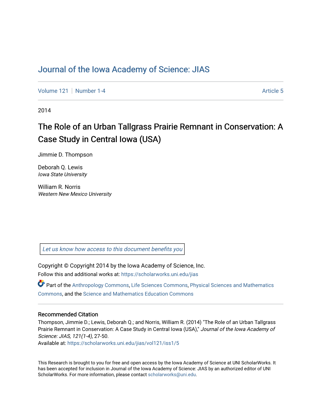 The Role of an Urban Tallgrass Prairie Remnant in Conservation: a Case Study in Central Iowa (USA)