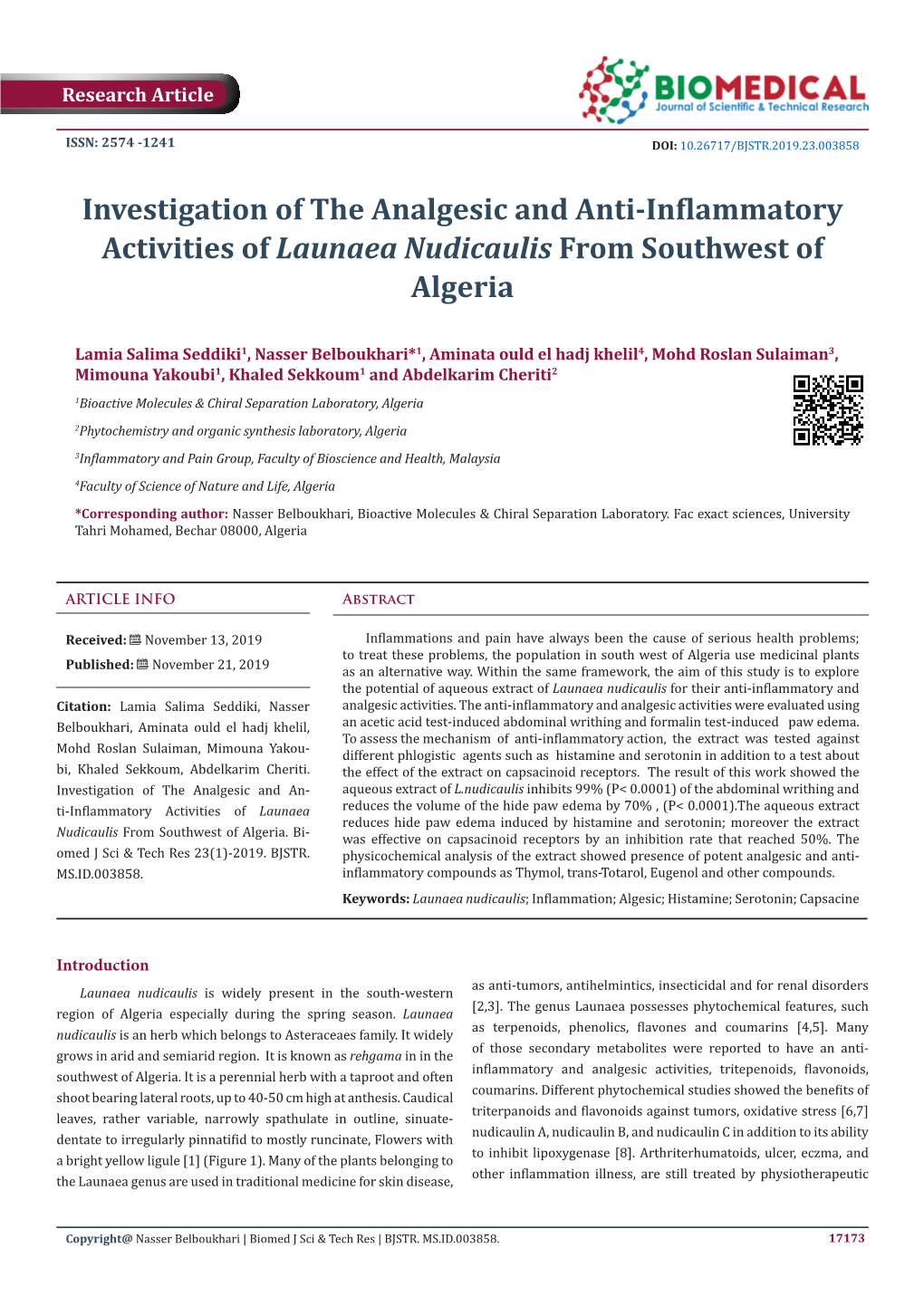 Investigation of the Analgesic and Anti-Inflammatory Activities of Launaea Nudicaulis from Southwest of Algeria