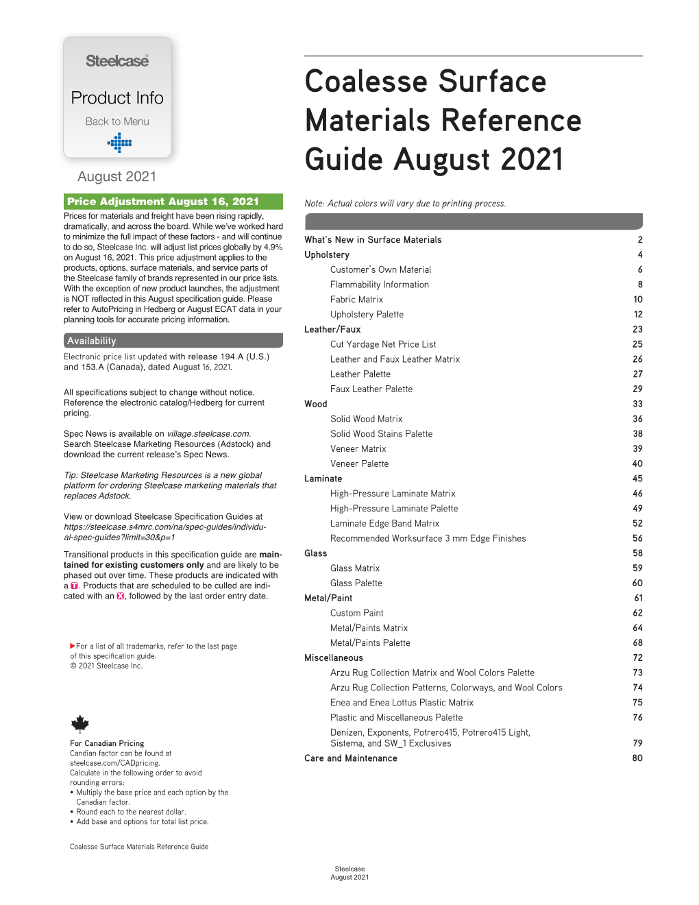 Coalesse Surface Materials Reference Guide August 2021