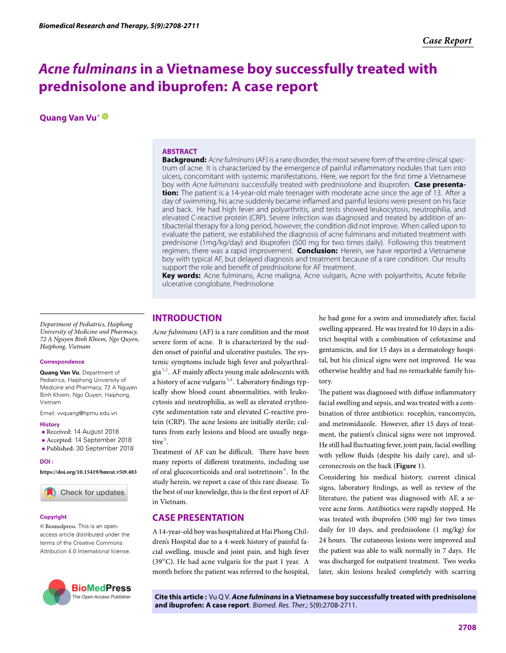 Acne Fulminans in a Vietnamese Boy Successfully Treated with Prednisolone and Ibuprofen: a Case Report