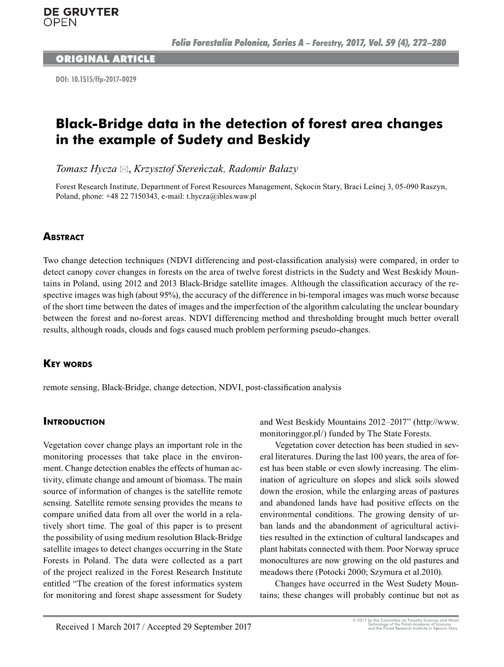 Black-Bridge Data in the Detection of Forest Area Changes in the Example of Sudety and Beskidy