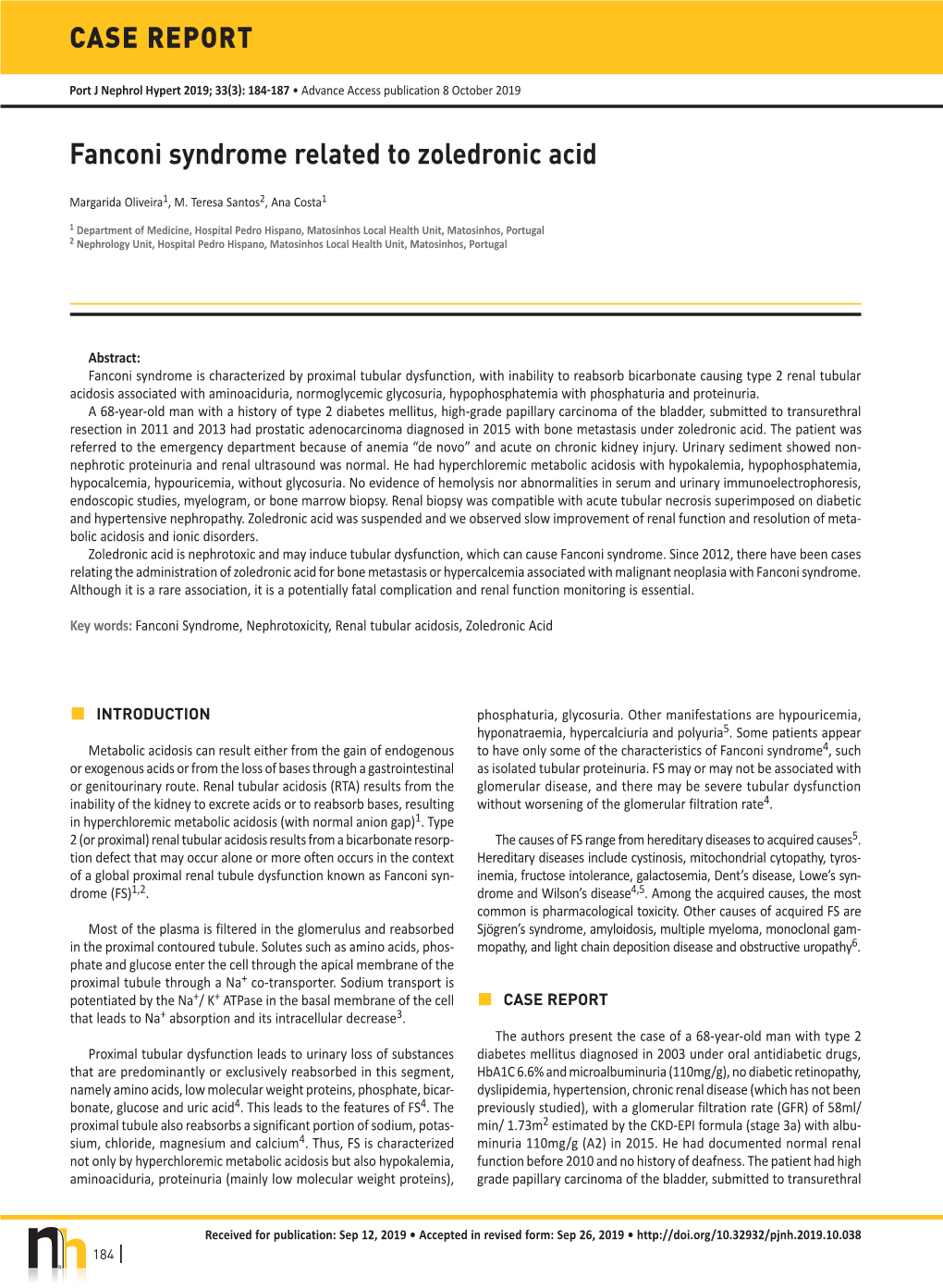 Fanconi Syndrome Related to Zoledronic Acid CASE REPORT