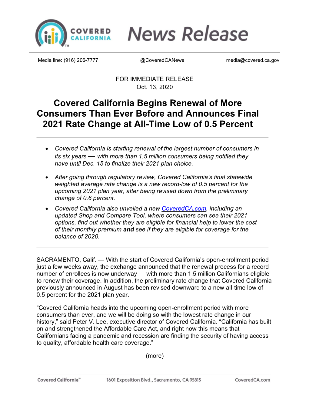 Covered California Begins Renewal of More Consumers Than Ever Before and Announces Final 2021 Rate Change at All-Time Low of 0.5 Percent
