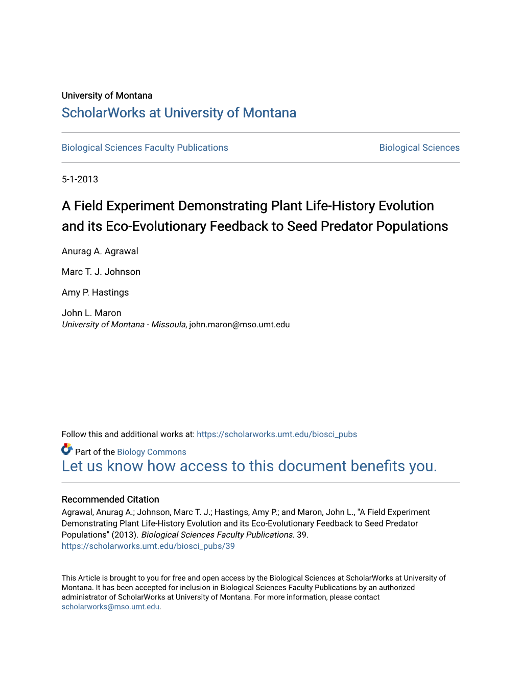 A Field Experiment Demonstrating Plant Life-History Evolution and Its Eco-Evolutionary Feedback to Seed Predator Populations