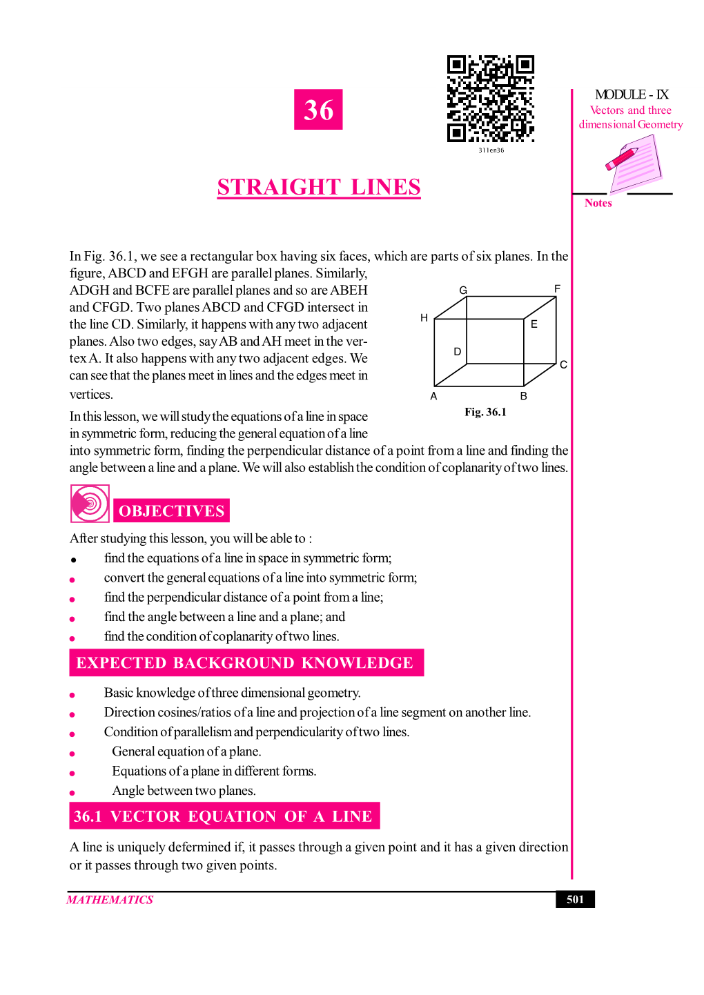 Straight Lines MODULE - IX Vectors and Three 36 Dimensional Geometry