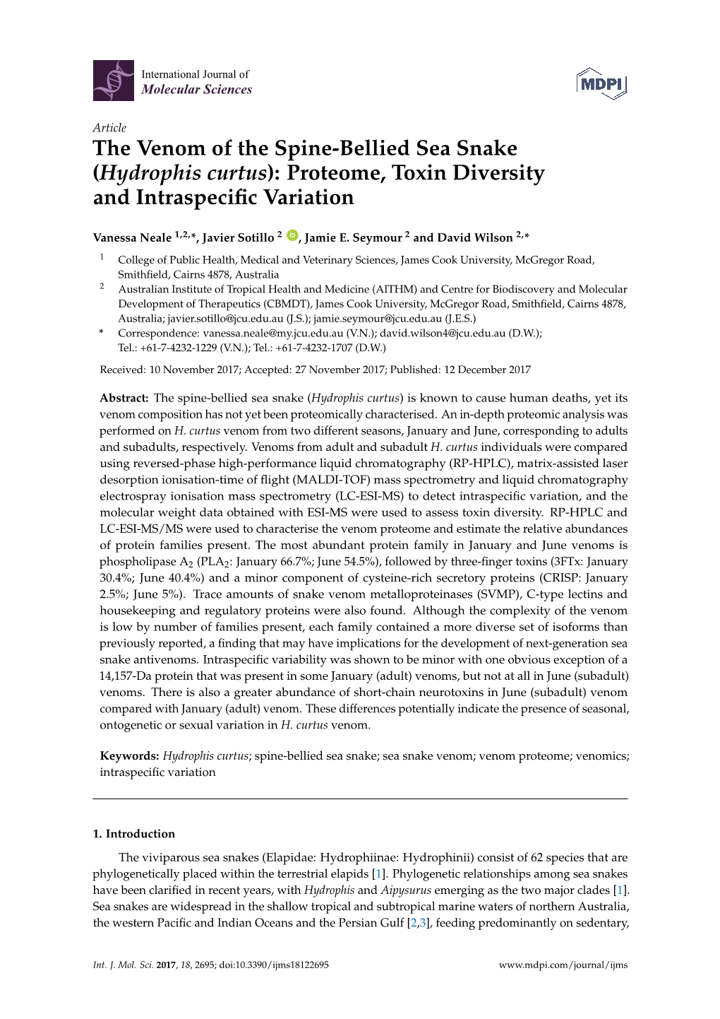 The Venom of the Spine-Bellied Sea Snake (Hydrophis Curtus): Proteome, Toxin Diversity and Intraspeciﬁc Variation