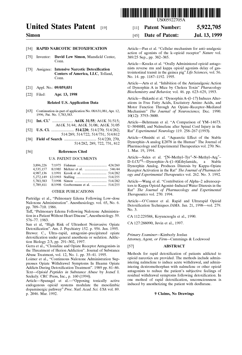 United States Patent (19) 11 Patent Number: 5,922,705 Simon (45) Date of Patent: Jul