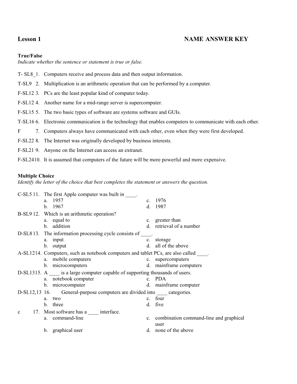 Lesson 1 NAME ANSWER KEY