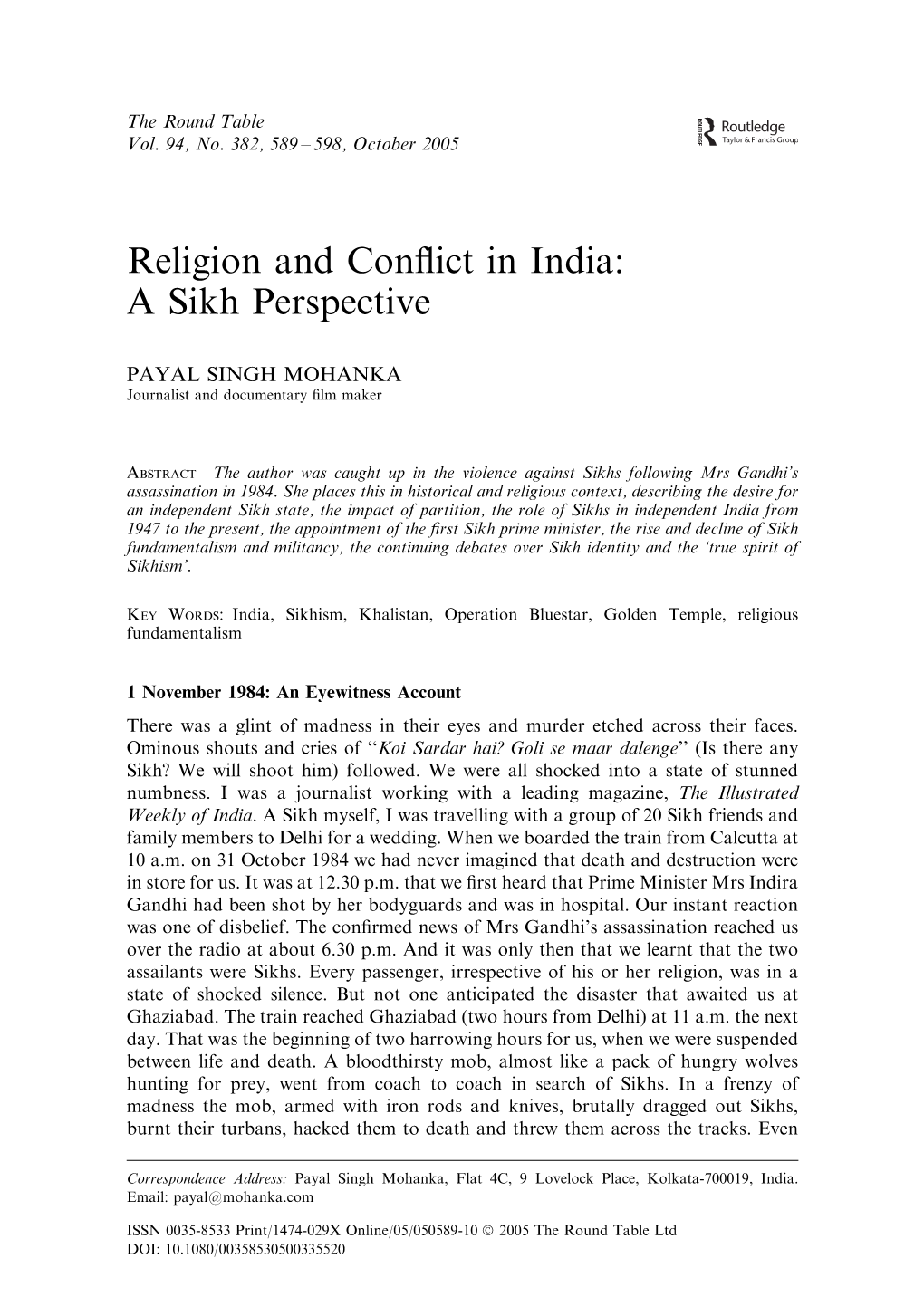 Religion and Conflict in India: a Sikh Perspective