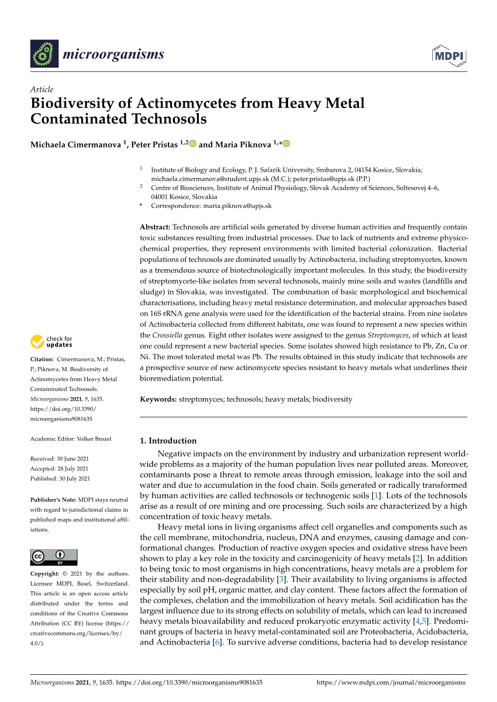 Biodiversity of Actinomycetes from Heavy Metal Contaminated Technosols