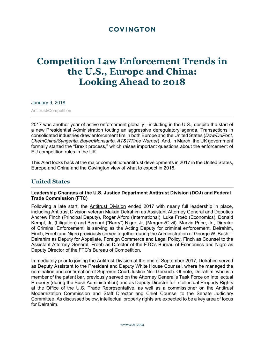 Competition Law Enforcement Trends in the US, Europe and China