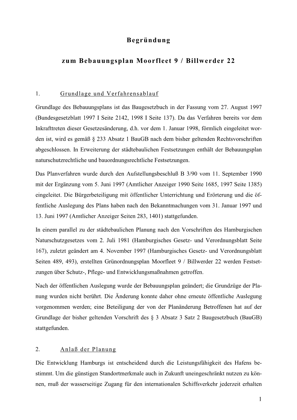 Begründung Zum Bebauungsplan Moorfleet 9 / Billwerder 22