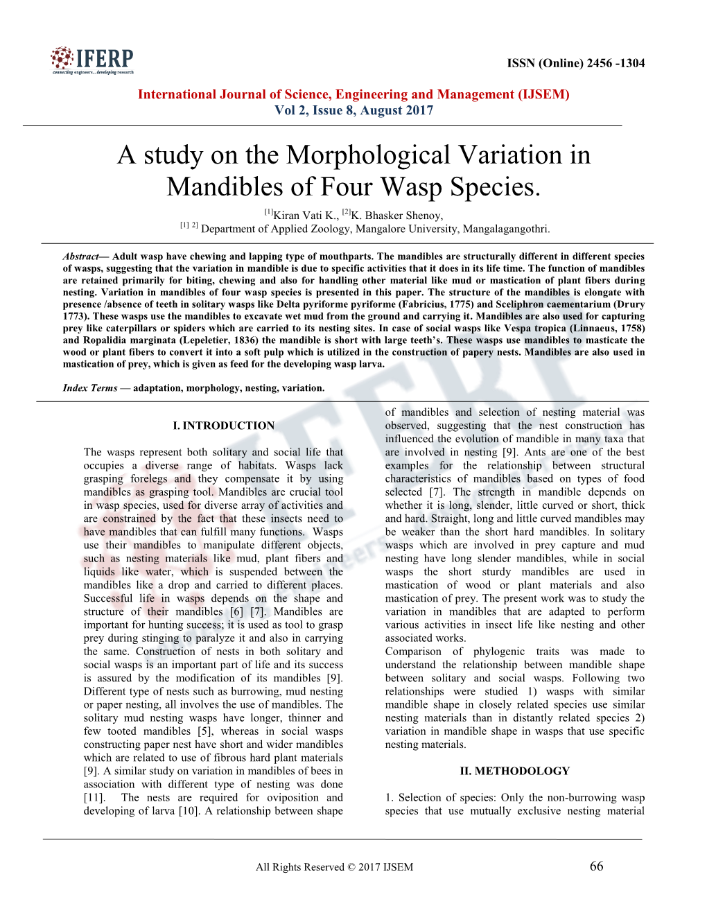 A Study on the Morphological Variation in Mandibles of Four Wasp Species. [1]Kiran Vati K., [2]K