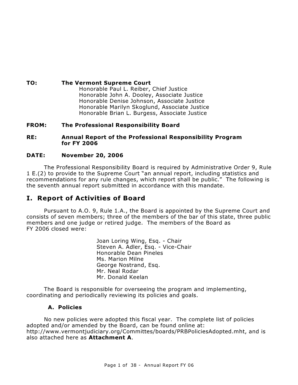 I. Report of Activities of Board