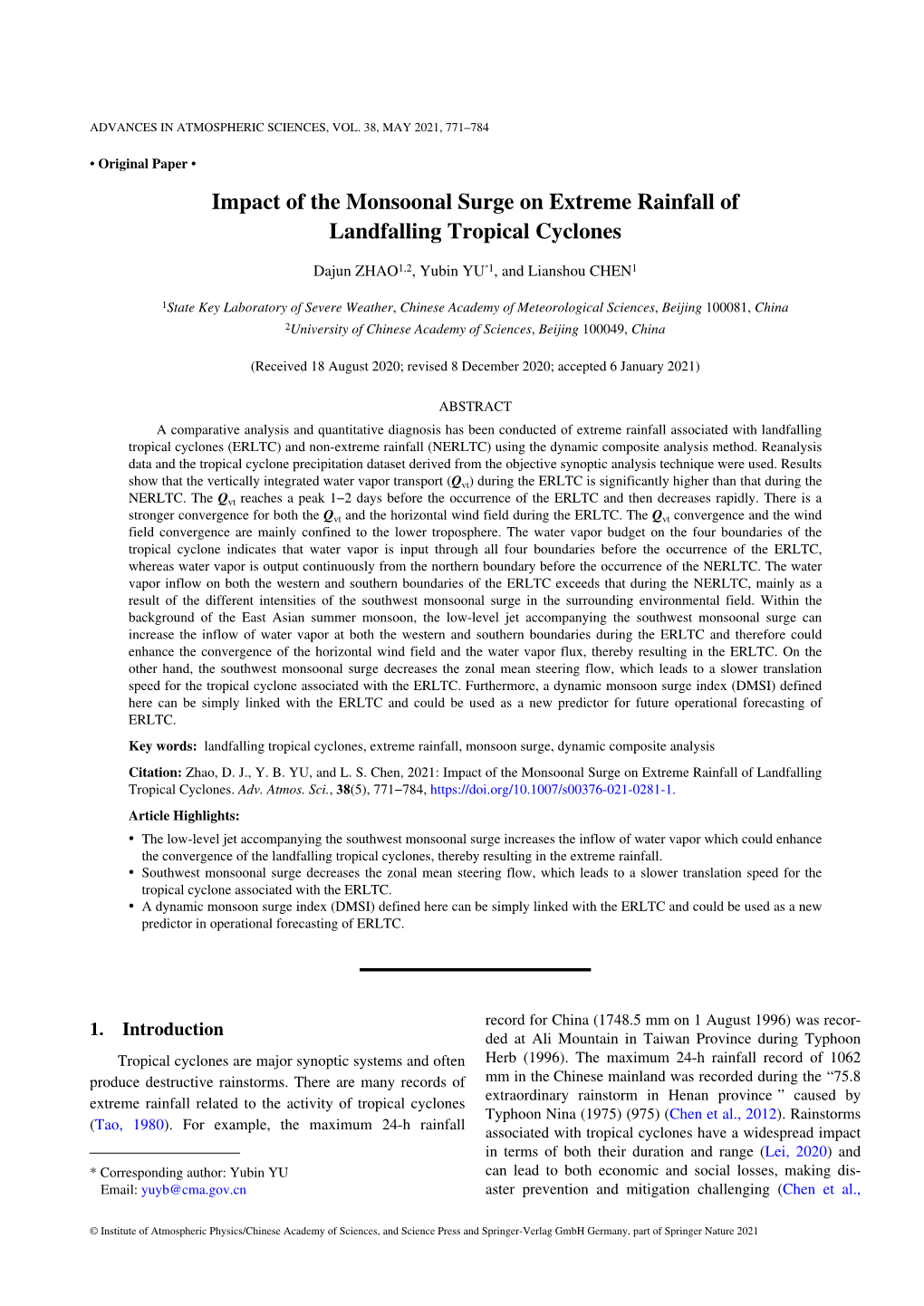 Impact of the Monsoonal Surge on Extreme Rainfall of Landfalling Tropical Cyclones