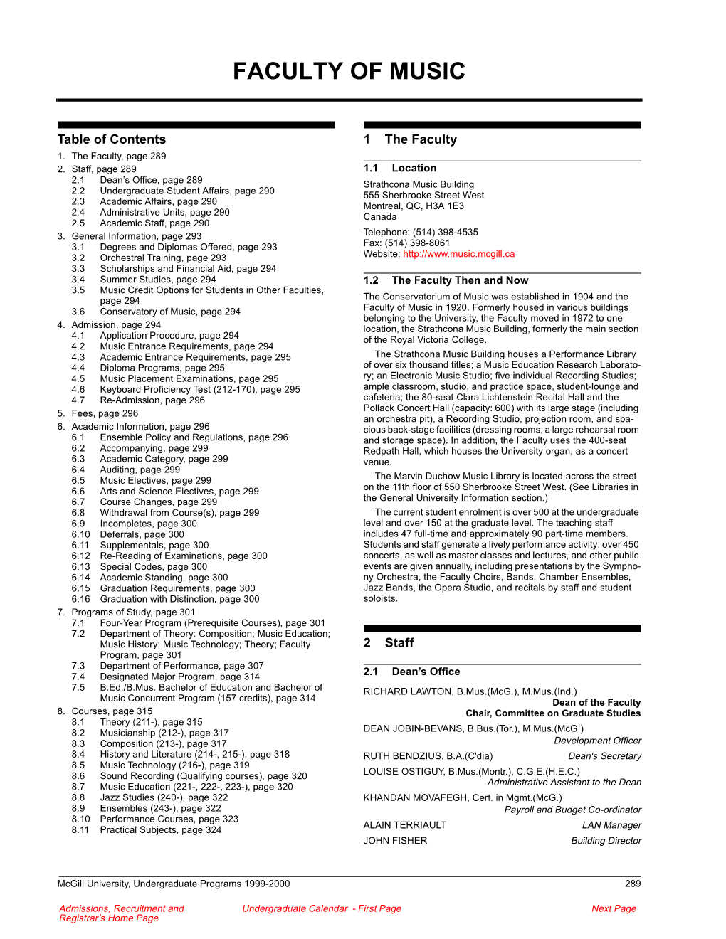 Music Faculty,1999/2000 Mcgill Undergraduate Programs Calendar