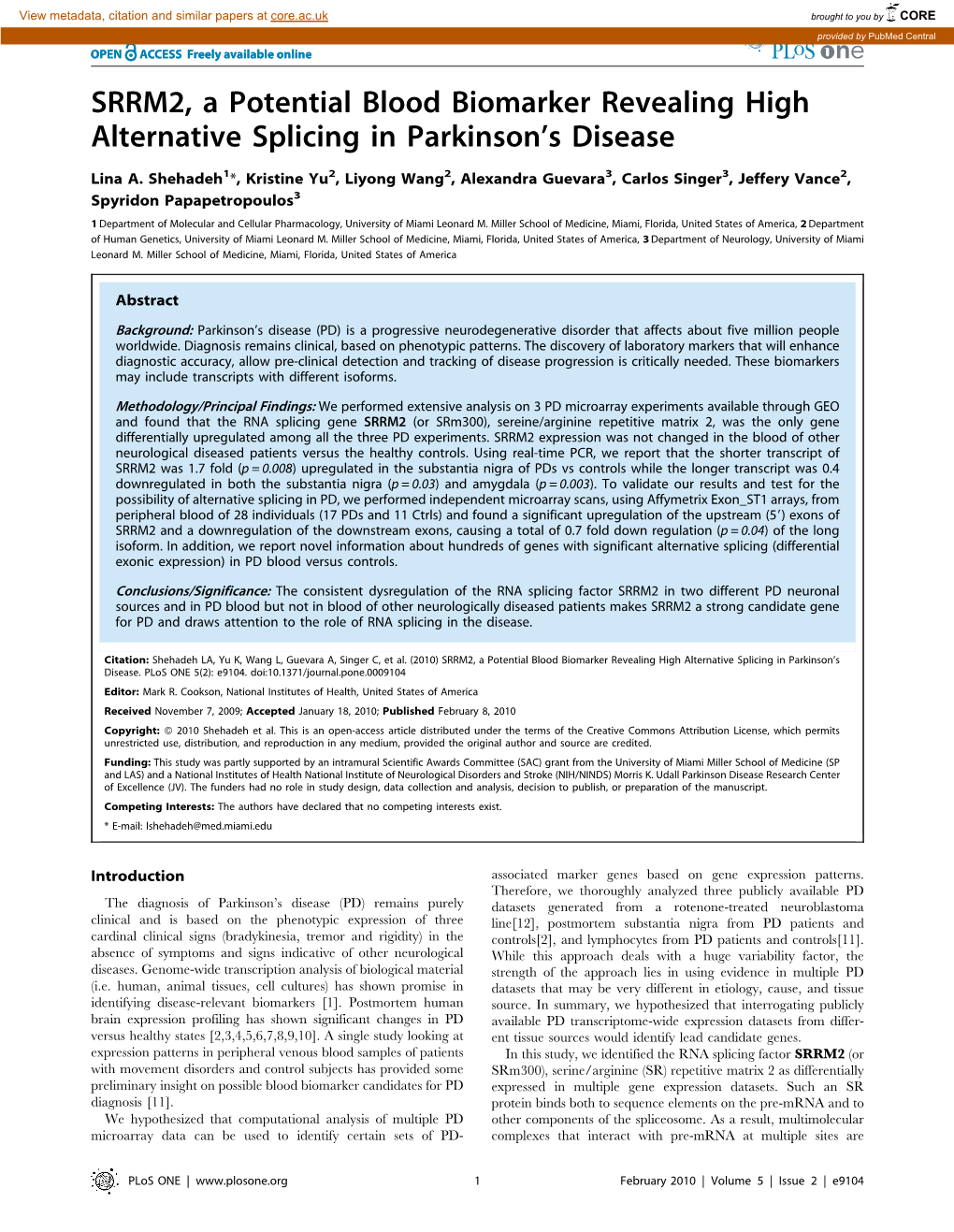 SRRM2, a Potential Blood Biomarker Revealing High Alternative Splicing in Parkinson’S Disease