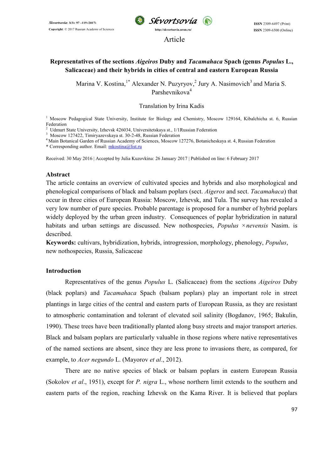 Genus Populus L., Salicaceae) and Their Hybrids in Cities of Central and Eastern European Russia