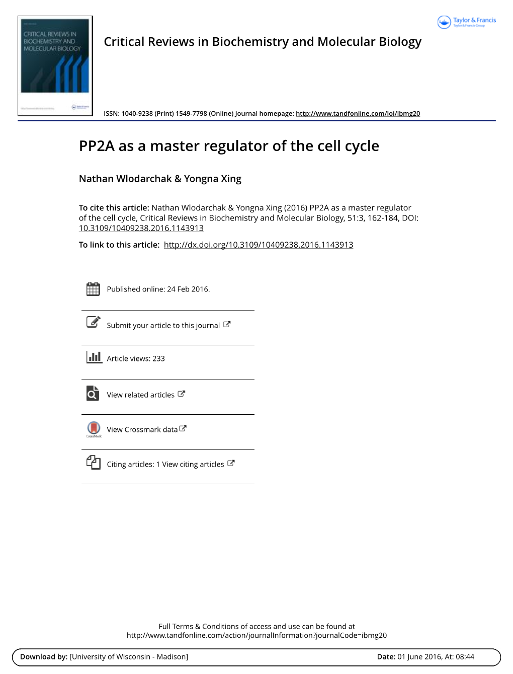 PP2A As a Master Regulator of the Cell Cycle