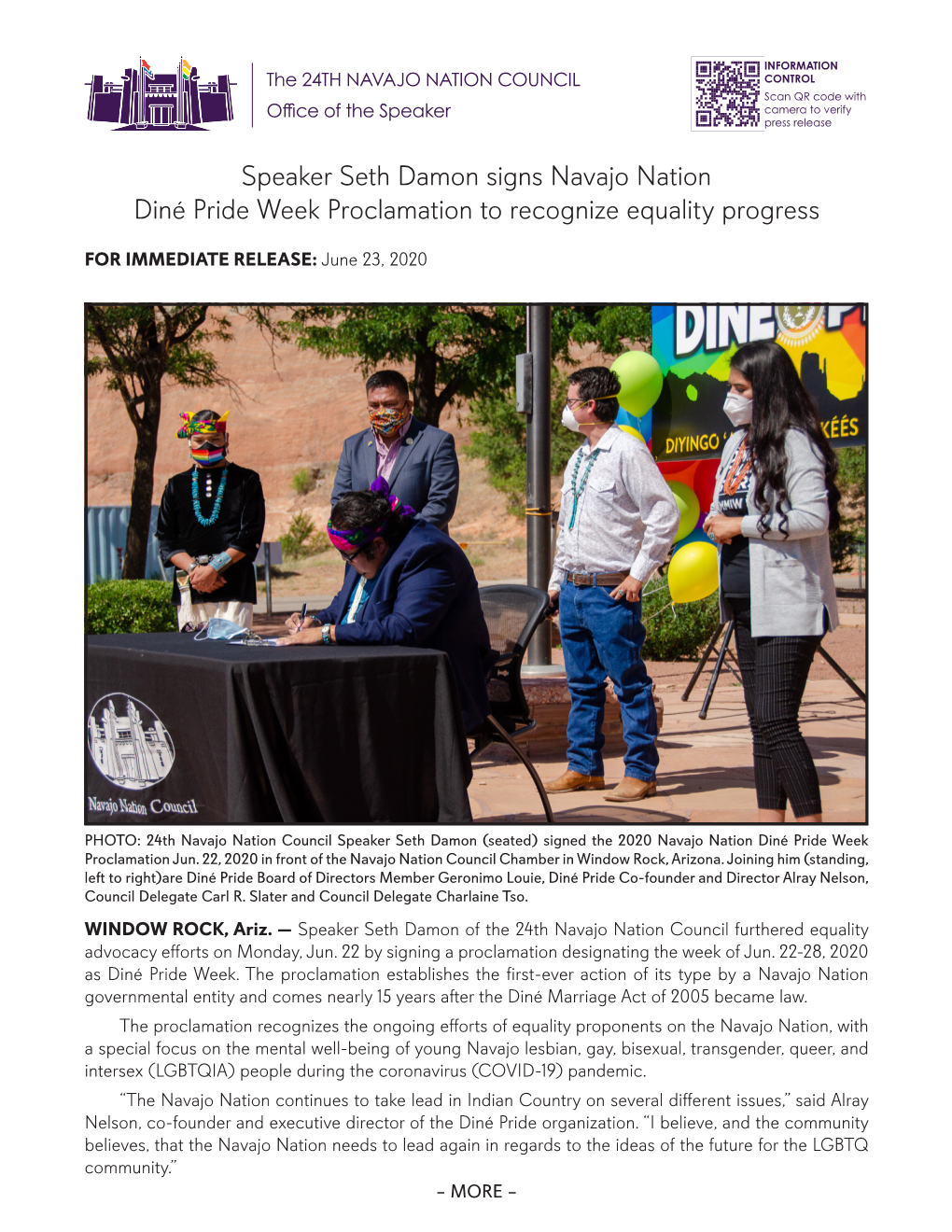 Speaker Seth Damon Signs Navajo Nation Diné Pride Week Proclamation to Recognize Equality Progress