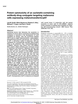 Potent Cytotoxicity of an Auristatin-Containing Antibody-Drug Conjugate Targeting Melanoma Cells Expressing Melanotransferrin/P97
