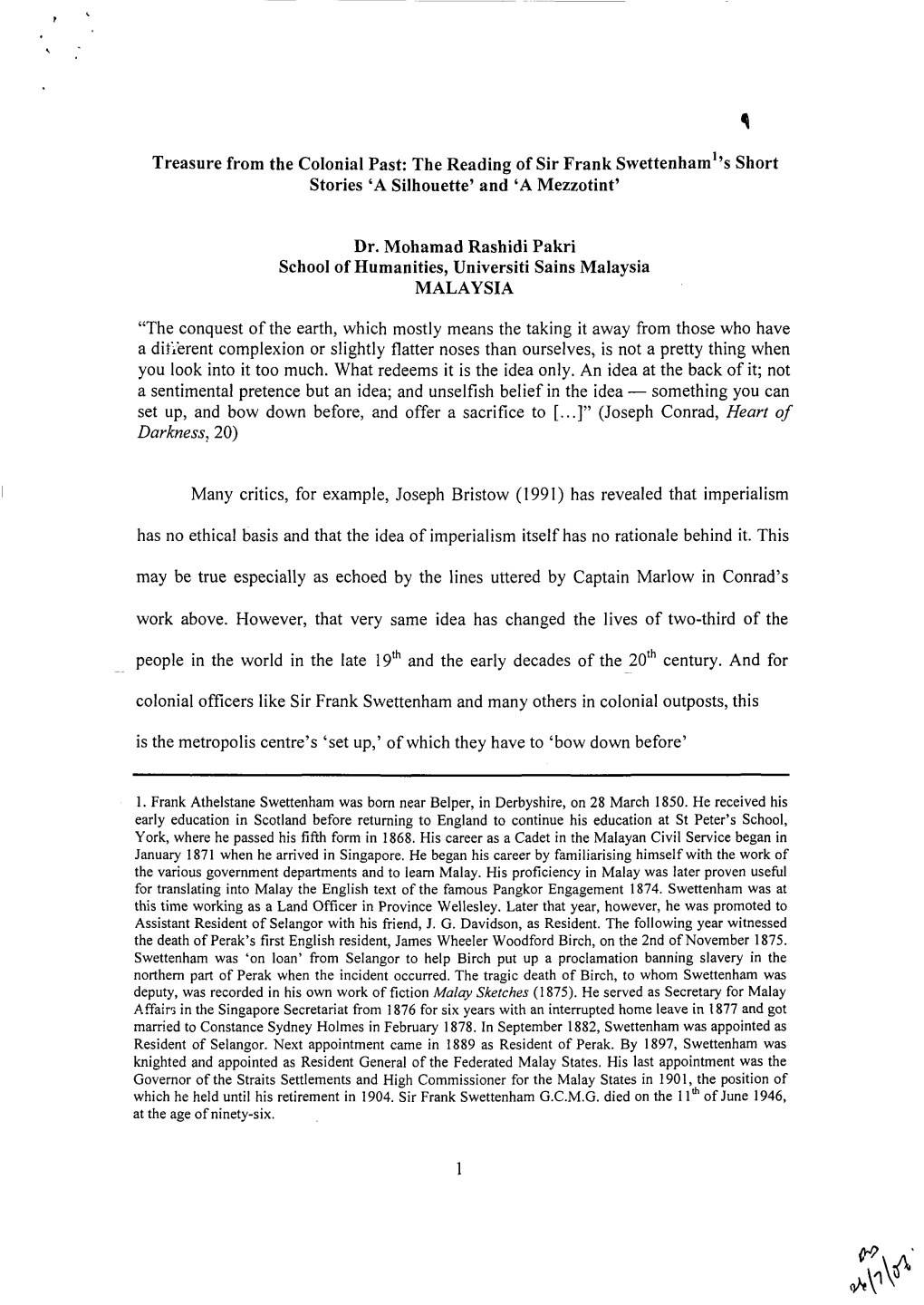 Treasure from the Colonial Past: the Reading of Sir Frank Swettenhami,S Short Stories'a Silhouette' And'a Mezzotint'