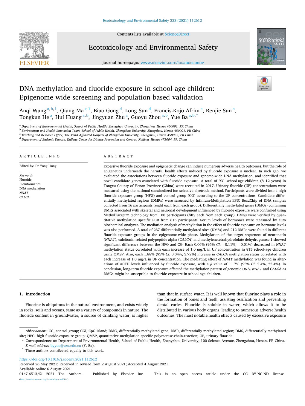 DNA Methylation and Fluoride Exposure in School-Age Children: Epigenome-Wide Screening and Population-Based Validation