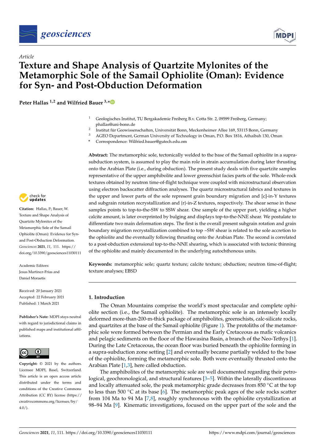 Texture and Shape Analysis of Quartzite Mylonites of the Metamorphic Sole of the Samail Ophiolite (Oman): Evidence for Syn- and Post-Obduction Deformation