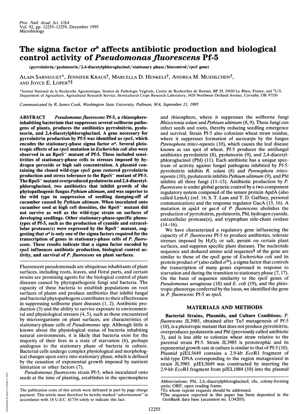 Control Activity Ofpseudomonasfluorescens Pf-5