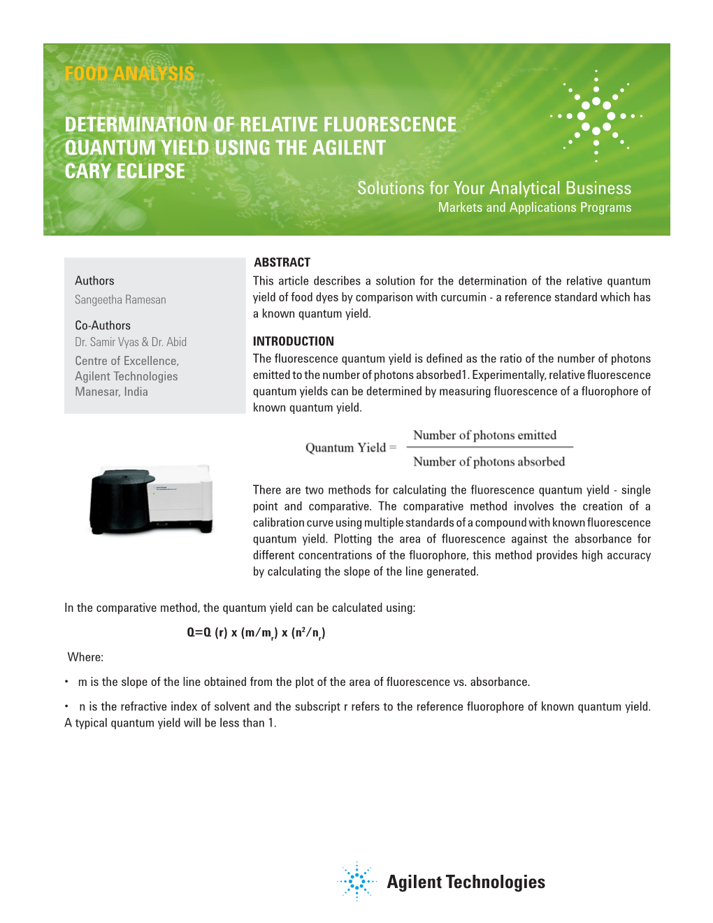 DETERMINATION Of RELATIVE FLUORESCENCE QUANTUM YIELD USING The AGILENT ...