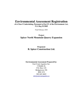Environmental Assessment Registration of a Class I Undertaking, Pursuant to Part IV of the Environment Act, N.S