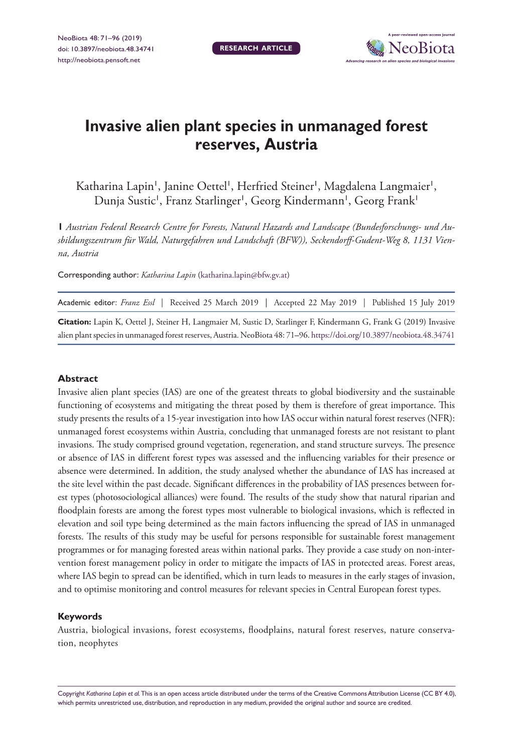 Invasive Alien Plant Species in Unmanaged Forest Reserves, Austria