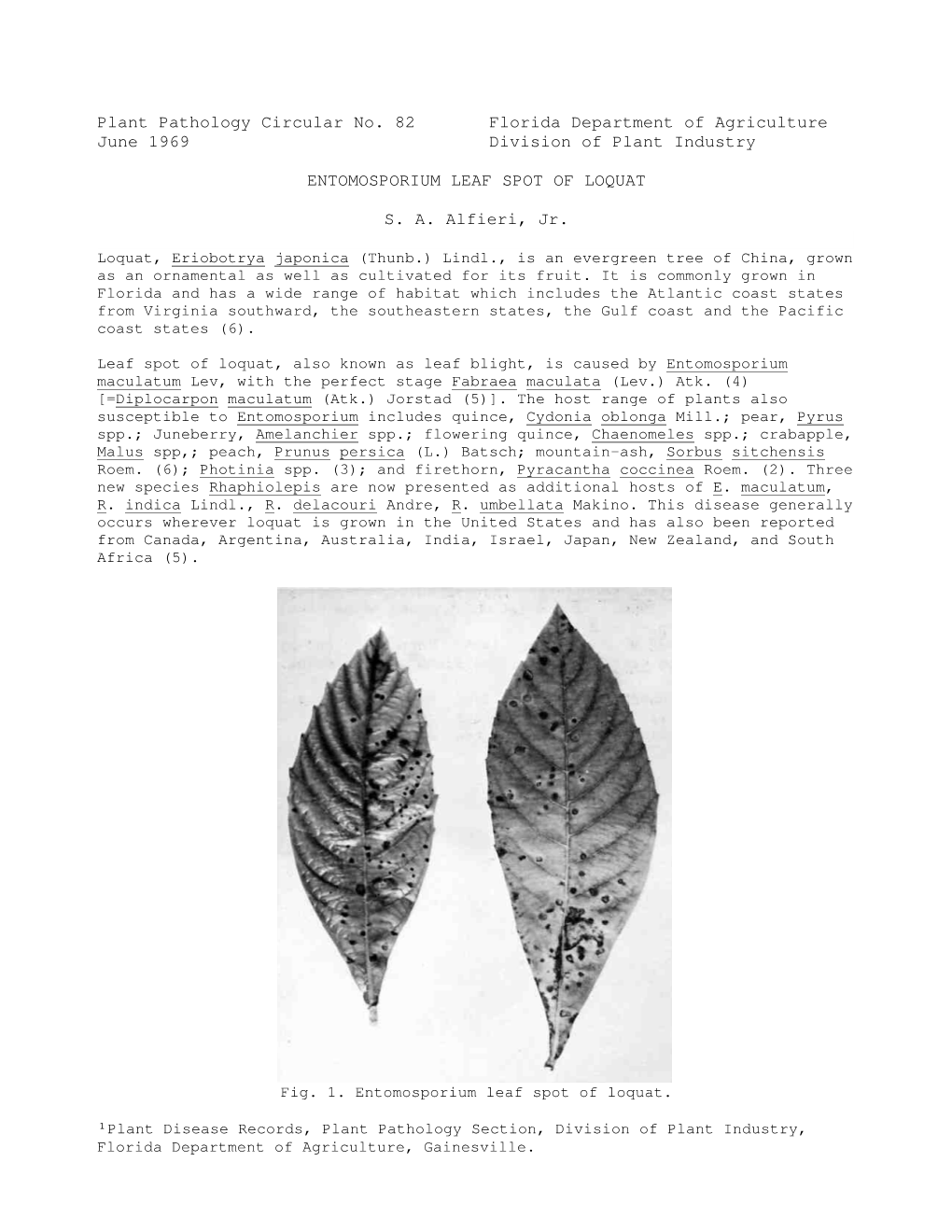 Plant Pathology Circular No. 82 Florida Department of Agriculture June 1969 Division of Plant Industry