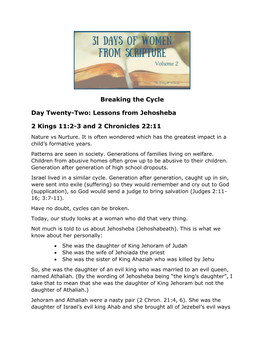 Breaking the Cycle Day Twenty-Two: Lessons from Jehosheba 2 Kings