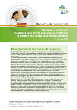 Rapid Risk Assessment – Enterovirus Detections Associated with Severe Neurological Symptoms in Children and Adults in European Countries, 8 August 2016