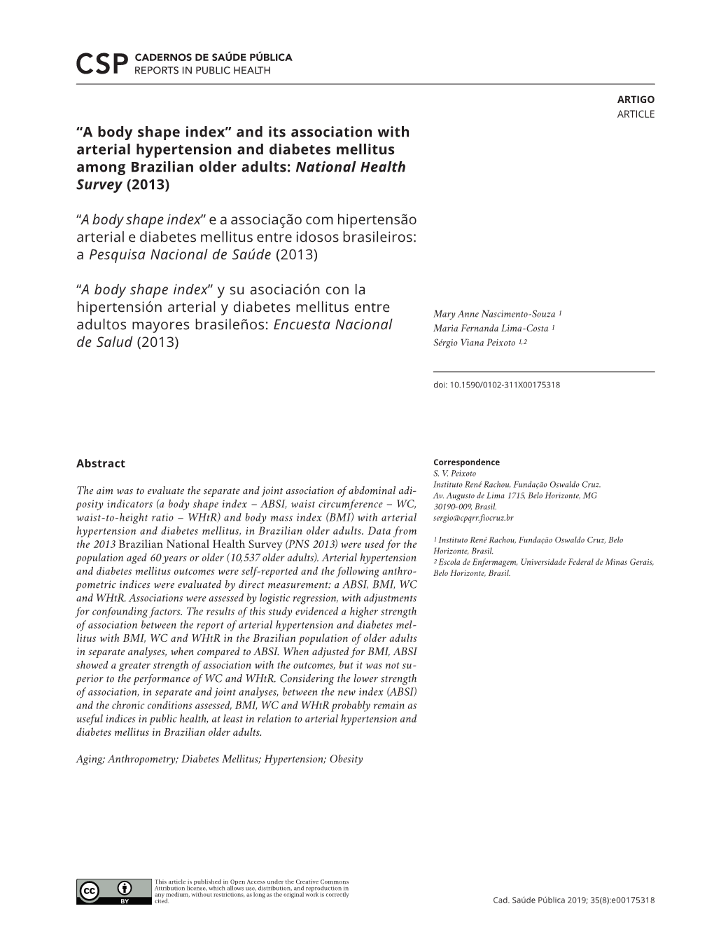 And Its Association with Arterial Hypertension and Diabetes Mellitus Among Brazilian Older Adults: National Health Survey (2013)