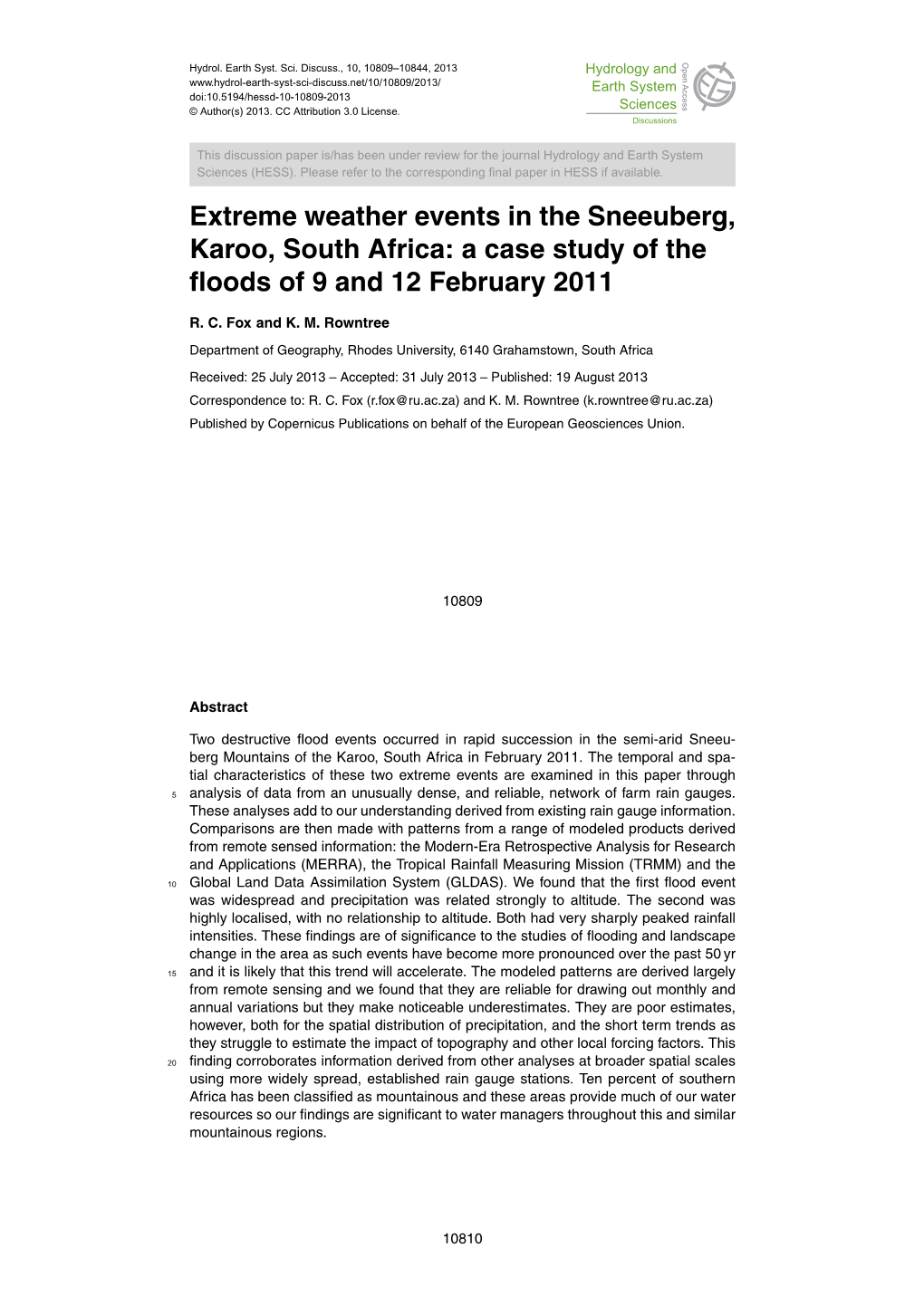 Extreme Weather Events in the Sneeuberg, Karoo, South Africa: A