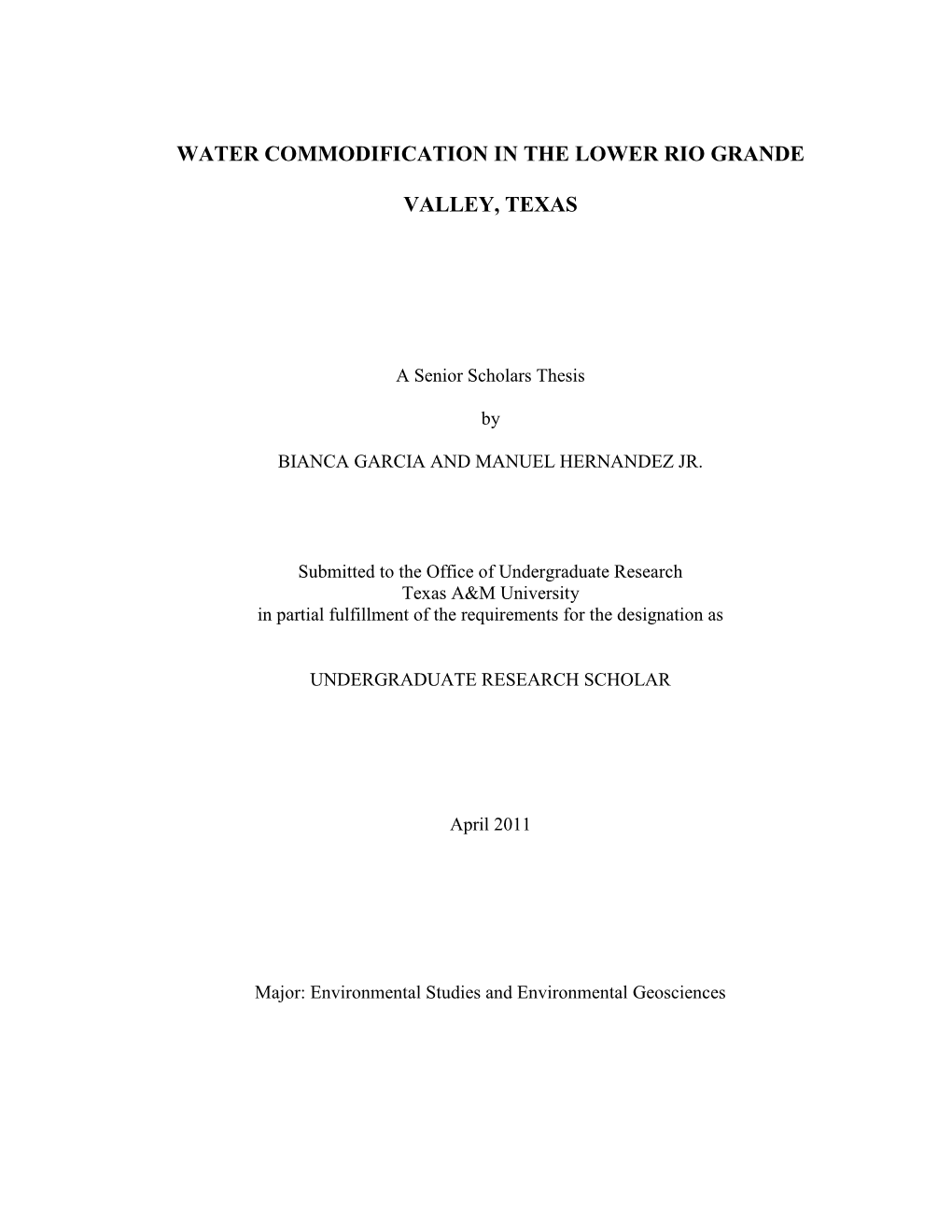 Water Commodification in the Lower Rio Grande Valley, Texas