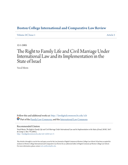 The Right to Family Life and Civil Marriage Under International Law and Its Implementation in the State of Israel Yuval Merin