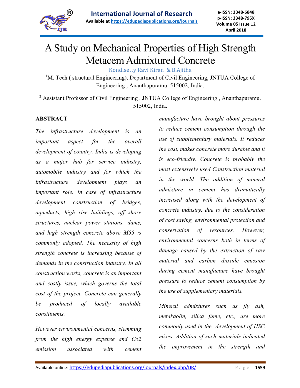 A Study on Mechanical Properties of High Strength Metacem Admixtured Concrete Kondisetty Ravi Kiran & B.Ajitha 1M